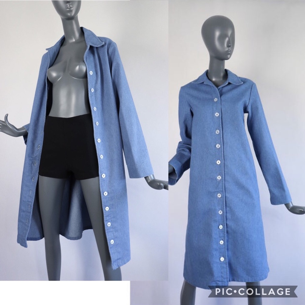 70s Denim Dress Jacket 1970s Blue Jean Coat Midi
